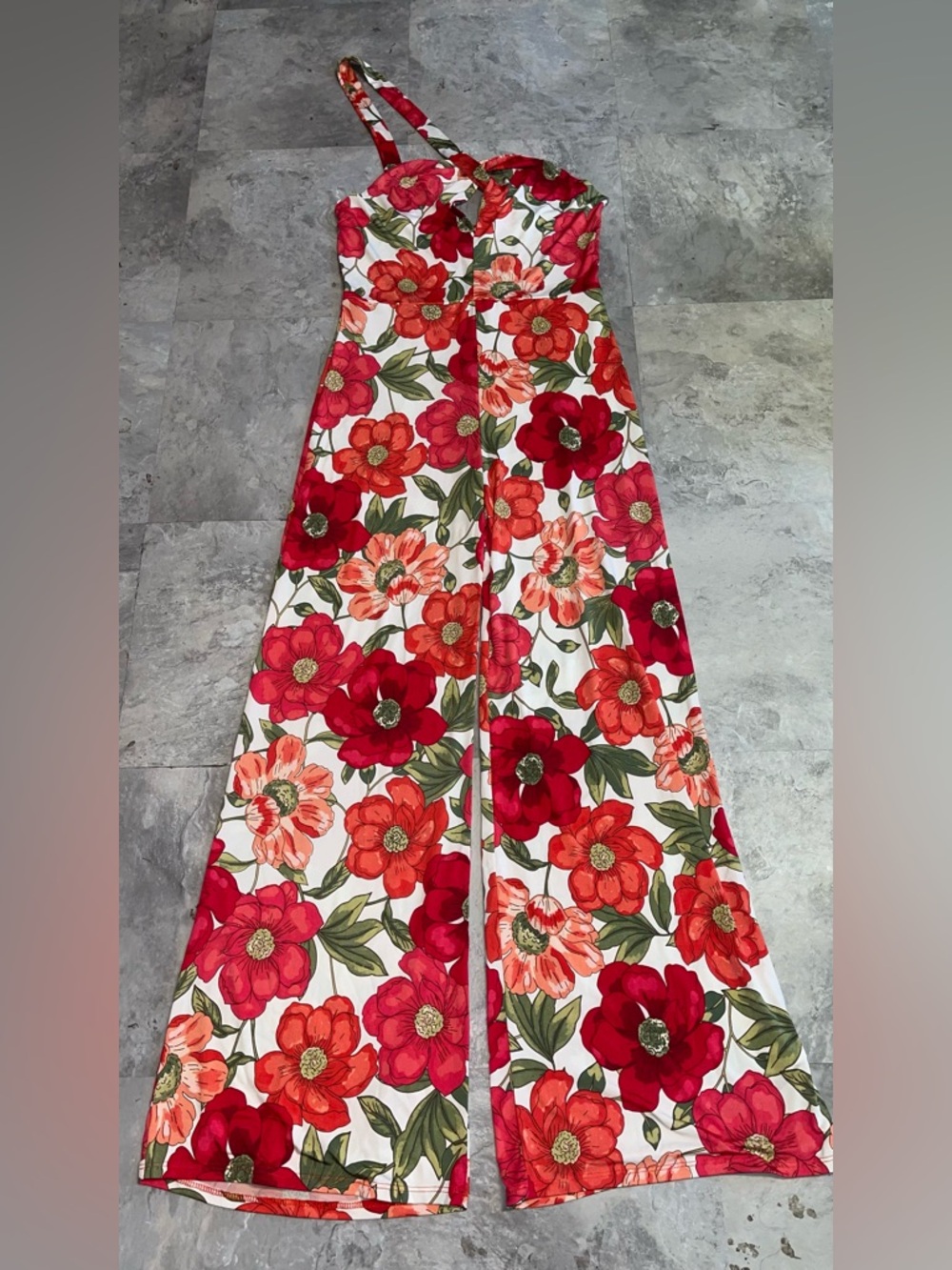 Misty Pearl One-Shoulder Floral Wide-Leg Jumpsuit - Red, Green